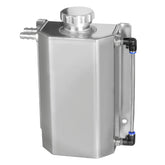 VehiMata front view of silver 2L coolant tank showing compact profile and capacity benefit