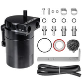 VehiMata front view of black aluminum catch can showing compact design and durability