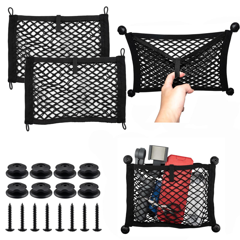 VEHIRIE front view of two mesh pockets showing compact storage benefit