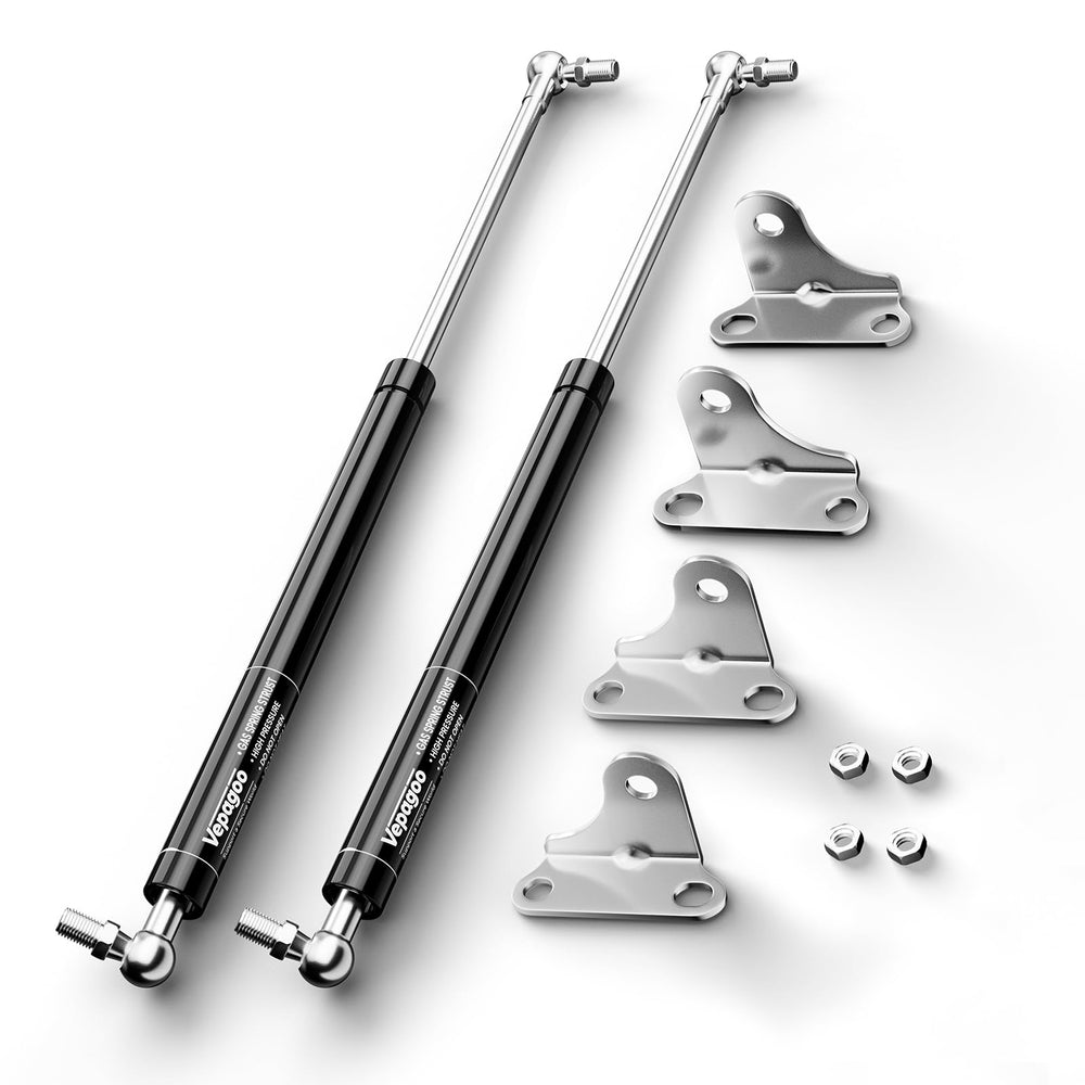 Vepagoo front view of two gas struts showing included brackets and nuts benefits clear kit