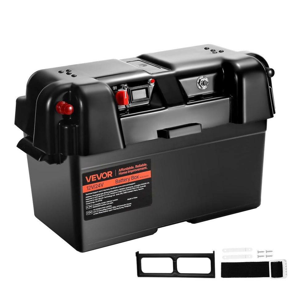VEVOR front view of battery box showing durable shell and secure lid