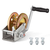 VEVOR front-mounted winch showing mounting base and crank for secure trailer use