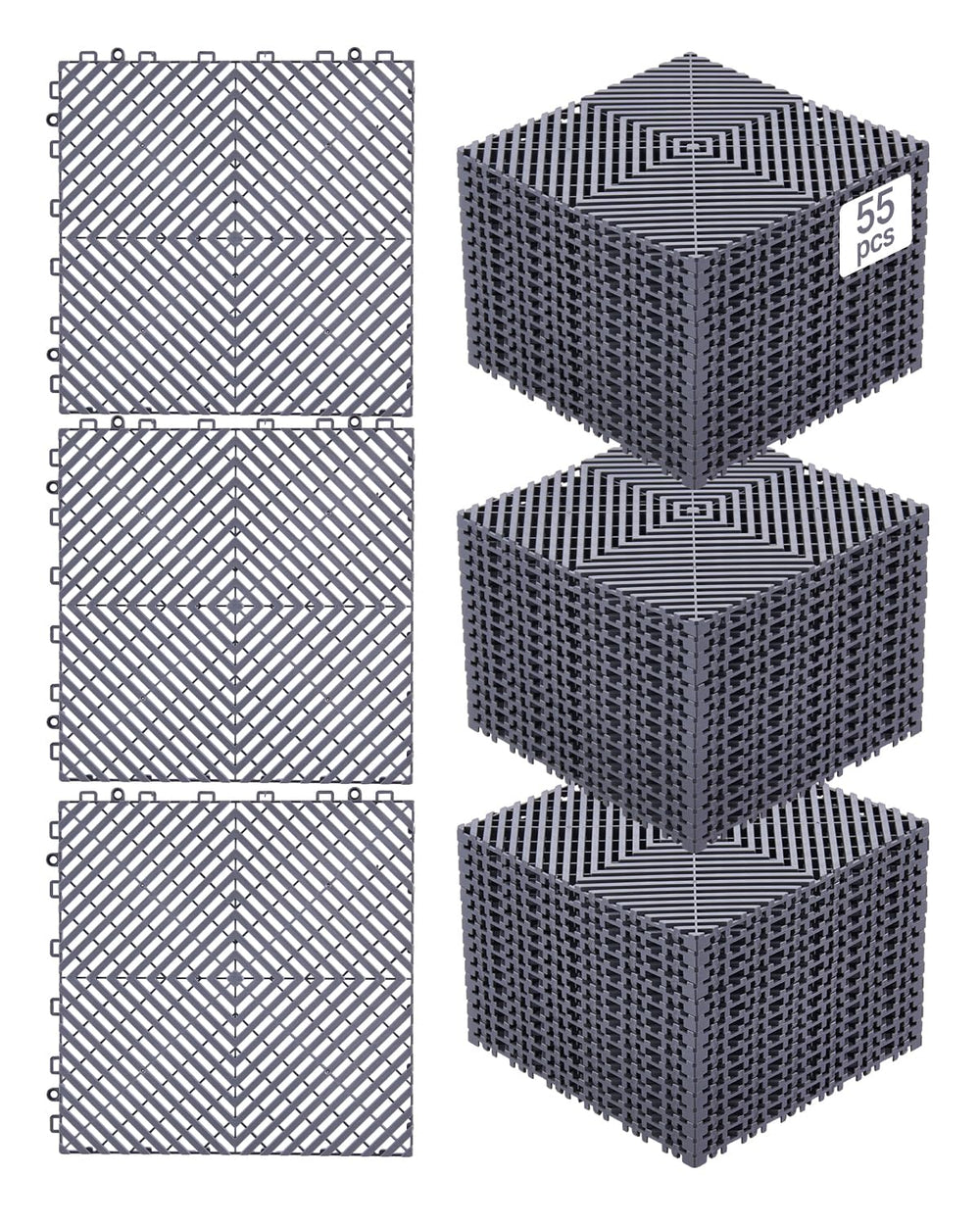 VEVOR front view of 55-piece drainage mat kit showing packaged tiles and benefits