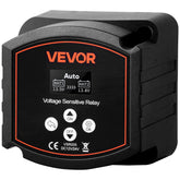 VEVOR front panel with LCD showing dual battery voltages and clear status