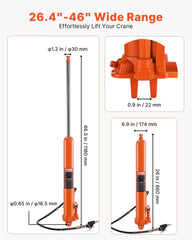 VEVOR hydraulic cylinder side profile displaying compact body and long travel range