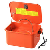 VEVOR parts washer front view showing compact steel tank and lid, durable design benefit