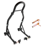 VEVOR rear wheel stand front view showing stable steel frame and casters