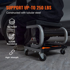 VEVOR rolling creeper caster detail showing 360-degree wheel benefit smooth movement