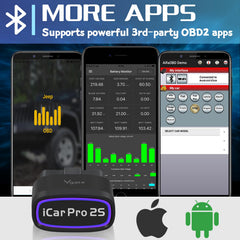 Vgate iCar Pro 2S close-up label showing model info and easy firmware updates