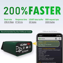 Vgate vLinker FD Plus plugged into car OBD-II port demonstrating easy diagnostics