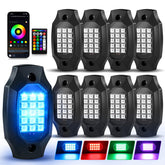VI9000 front view of eight assembled rock light pods showing compact design and bright output