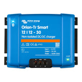 Victron Energy Orion-Tr front panel showing status LEDs and compact design benefit