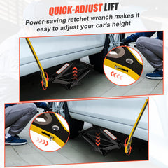 Viibrra jack in use raising car illustrating safe lifting and two-way ratchet