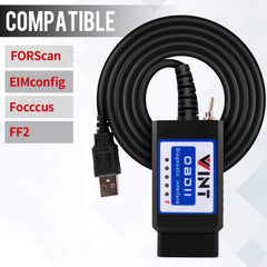 VINTscan USB to OBD2 cable connection demonstrating secure plug-in reliability