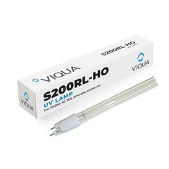 Viqua front view of replacement lamp showing full-length bulb and label for correct fit