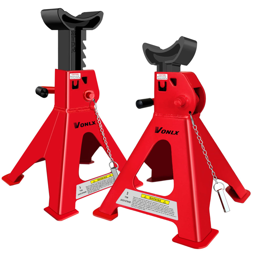 VONLX front view of two jack stands showing durable carbon steel construction and stability
