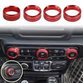 Voodonala front view of four red aluminum knob trims showing color and fit for Jeep dash