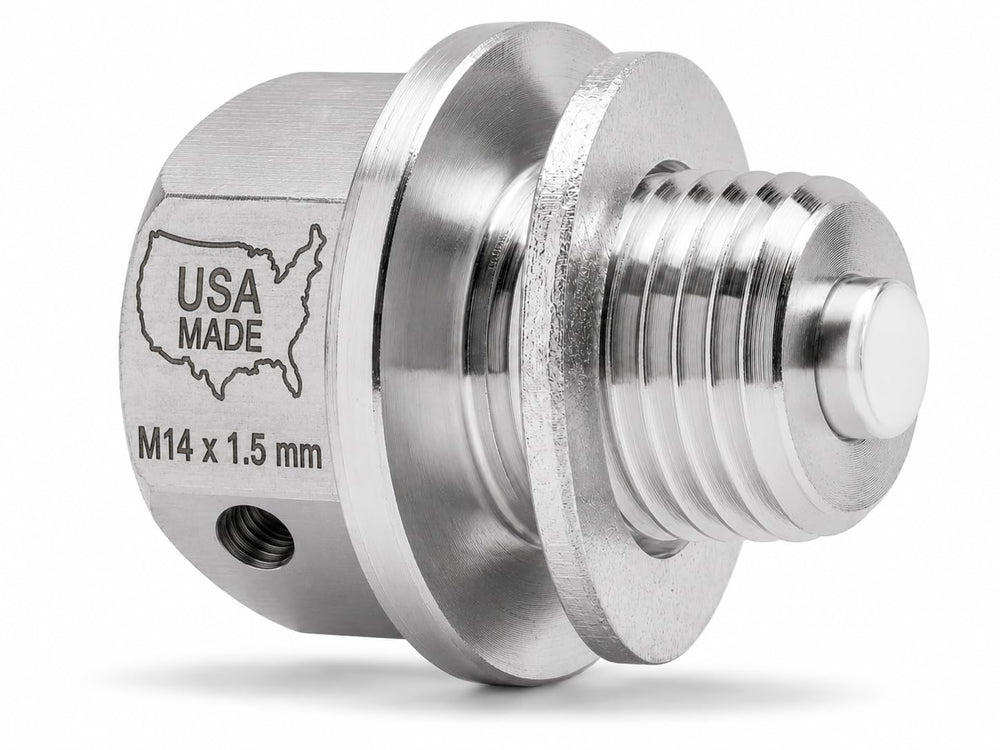 Votex front view of drain plug showing polished stainless steel and magnetic cap for durable fit