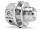 Votex front view of drain plug showing polished stainless steel and magnetic cap for durable fit