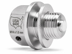 Votex front view of drain plug showing polished stainless steel and magnetic cap for durable fit