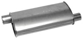 Walker muffler front view showing inlet and outlet, durable aluminized finish