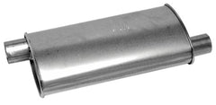 Walker muffler front view showing inlet and outlet, durable aluminized finish