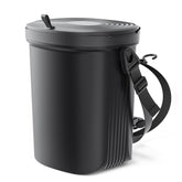 Waretary front view of black trash can showing compact profile and lid, keeps car tidy