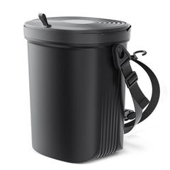 Waretary front view of black trash can showing compact profile and lid, keeps car tidy