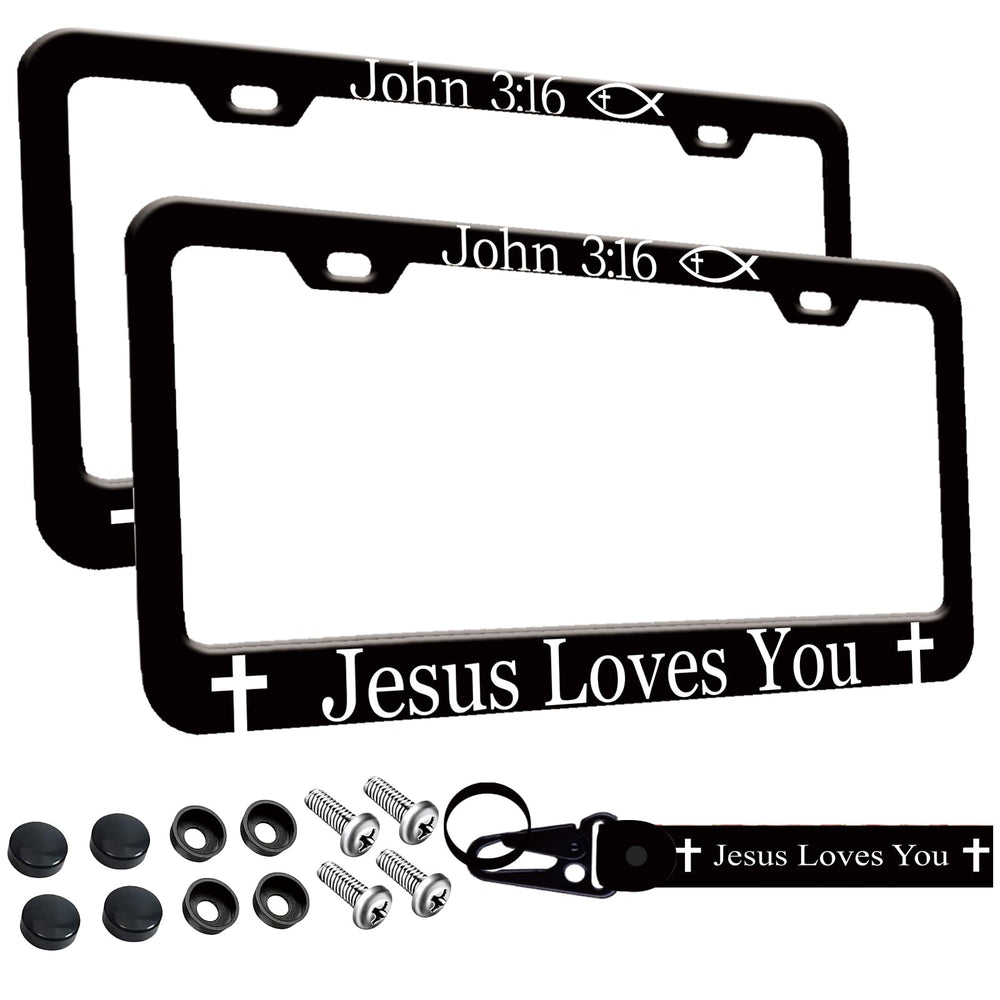 Wauhetsmvy front view license frame showing John 3:16 design and neat fit