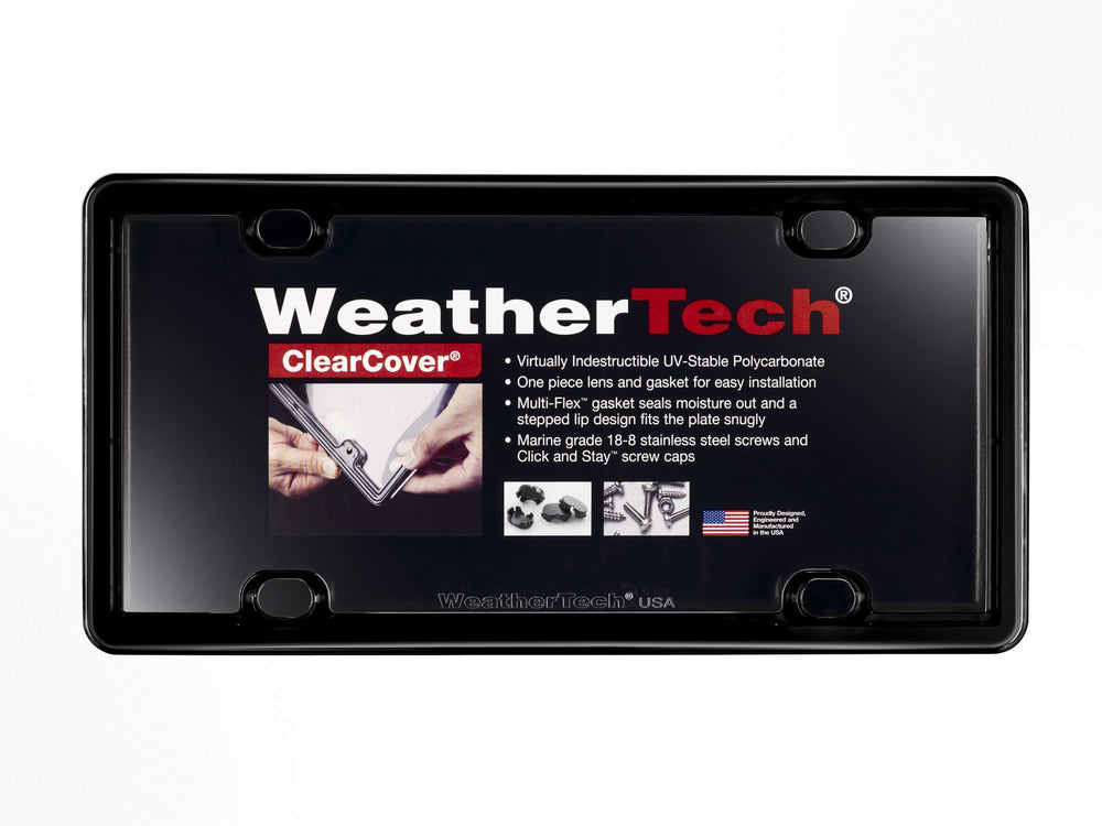 WeatherTech ClearCover front view showing clear lens and black frame protects plate