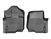 WeatherTech front packaging showing black 1st-row liners and fitment benefit