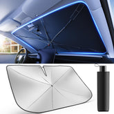 Weektic front open umbrella sunshade showing full windshield coverage and quick setup benefit