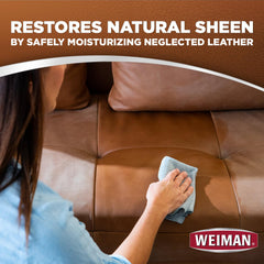 Weiman applied to leather sofa demonstrating cleaner and softening effect