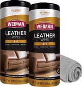 Weiman front packaging showing two cloth-backed leather wipes protecting leather