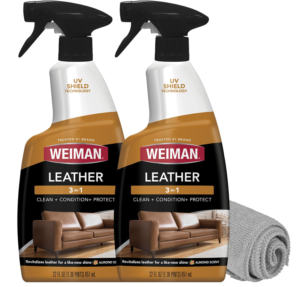 Weiman front packaging spray and cloth showing kit benefit of complete leather care