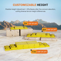 WELLUCK stacked blocks next to RV wheel illustrating adjustable height advantage