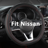 West Llama front view of black steering wheel cover with red line, enhances interior style