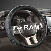West Llama front view of diamond quilted steering wheel cover showing neat fit and style