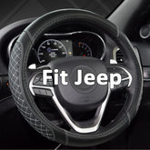 West Llama front view of steering cover showing black gray quilted design and fit benefit
