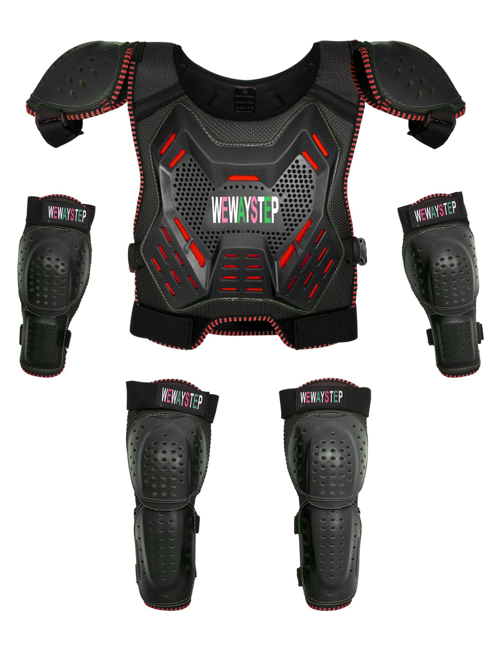 WEWAYSTEP front view of vest and five-piece protection set showing full coverage and convenience