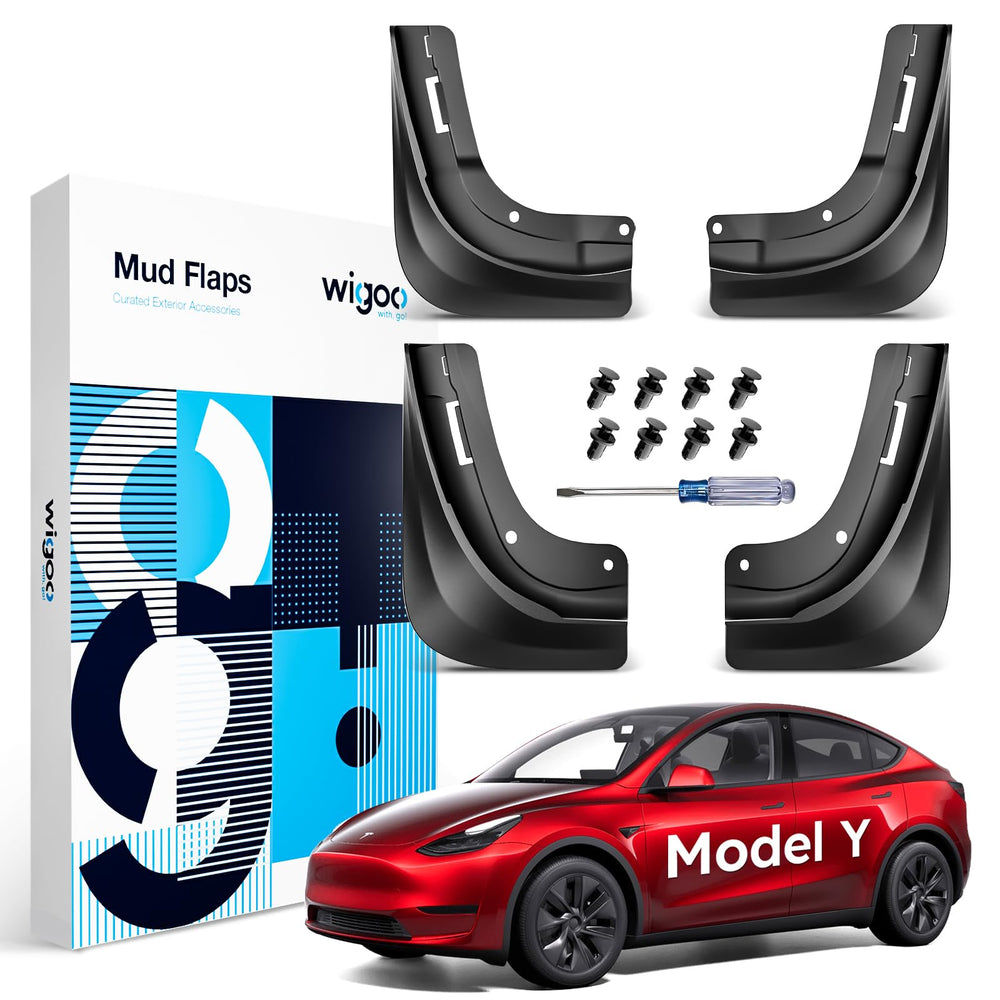 Wigoo front left mud flap installed on Model Y protecting paint