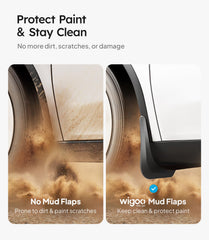 Wigoo rear left mud flap on car showing scale and coverage benefit