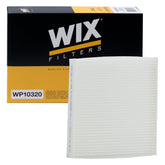 WIX cabin filter front packaging showing part WP10320 and fitment benefits