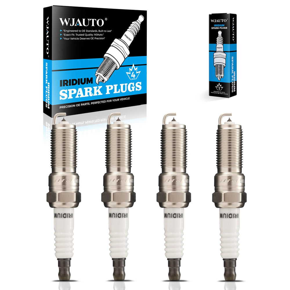 WJAUTO front packaging showing four iridium spark plugs and brand for easy identification