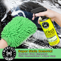 Wontolf foam gun attached to a garden hose producing thick foam for safer washing