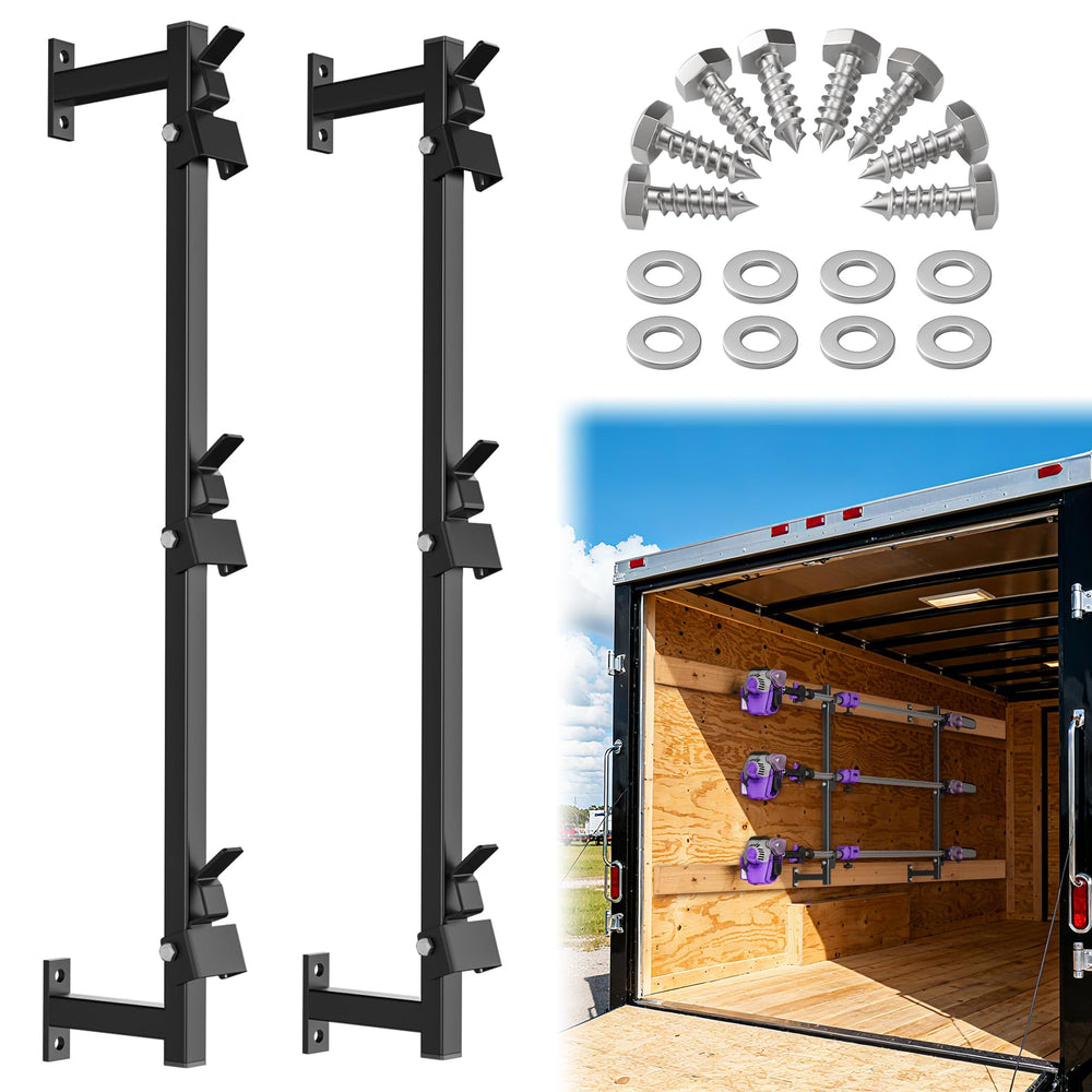 WooFog rack front view mounted on trailer wall showing organized tools and easy access
