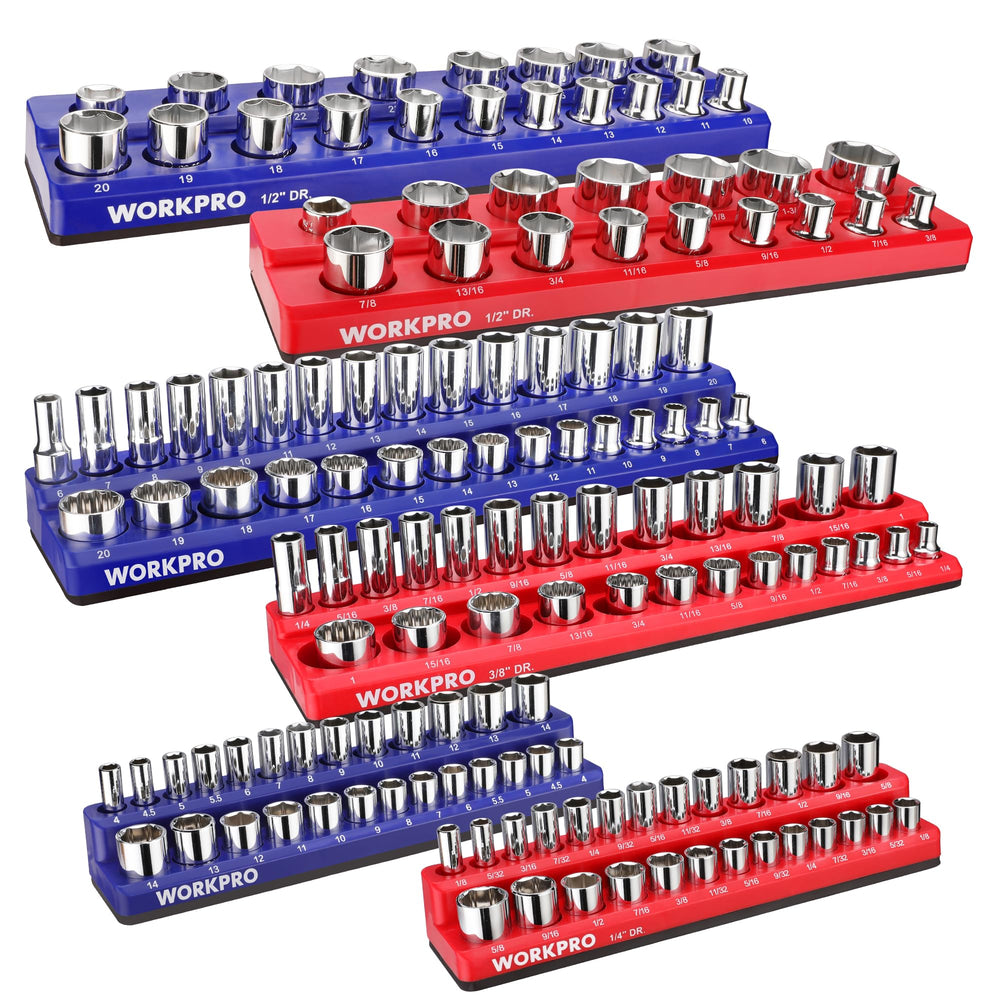 WORKPRO front view of six colored magnetic socket trays showing compact organization