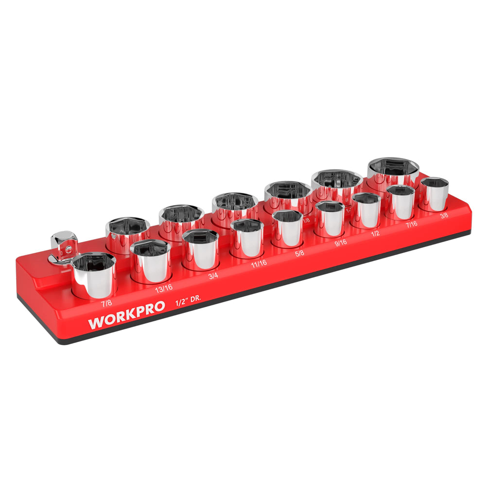 WORKPRO front view of socket organizer showing capacity and neat layout for fast selection
