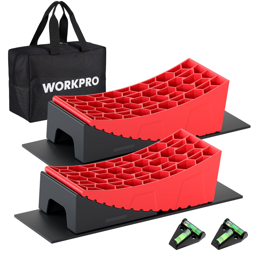 WORKPRO front packaging showing complete 9-piece leveling kit and bag, easy transport benefit