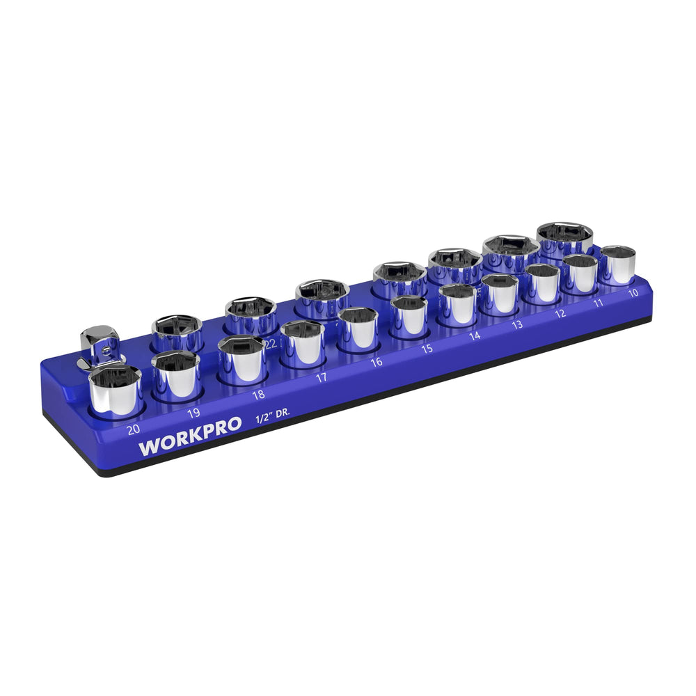 WORKPRO front view of the magnetic socket organizer showing neat socket storage and quick access